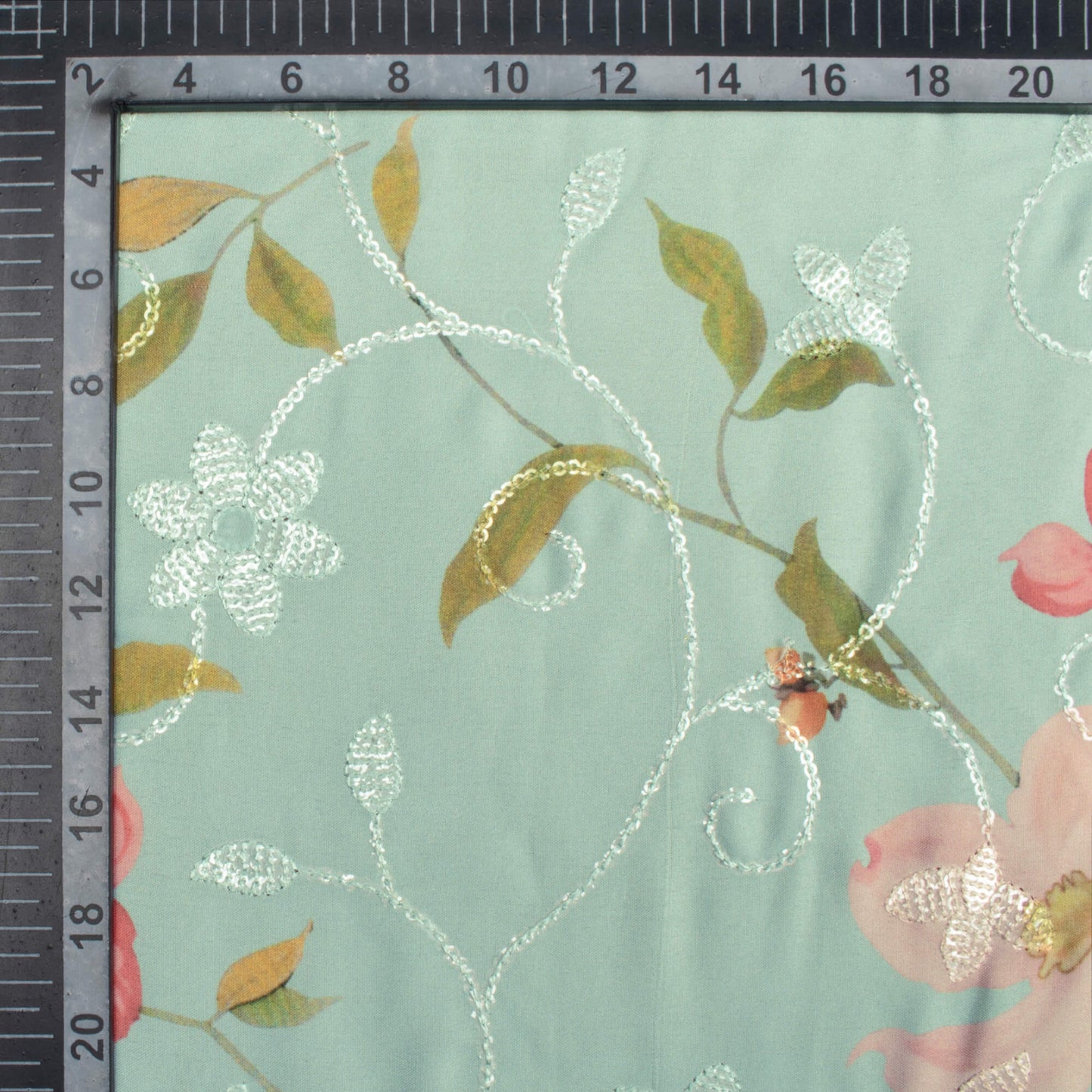 Light Blue And Lavender Pink Floral Pattern Digital Print Floral Sequins Embroidery Ultra Premium Butter Crepe Fabric