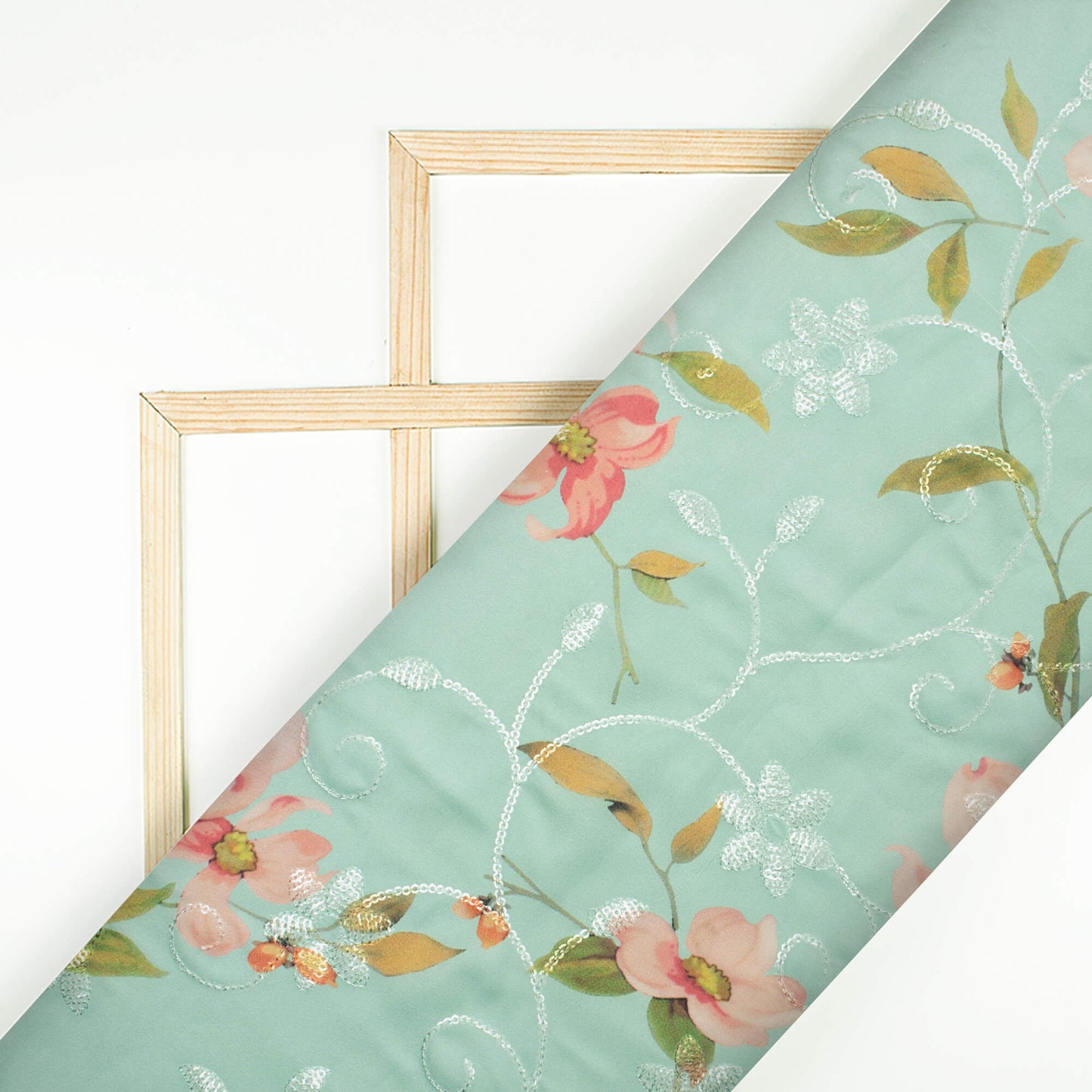 Light Blue And Lavender Pink Floral Pattern Digital Print Floral Sequins Embroidery Ultra Premium Butter Crepe Fabric