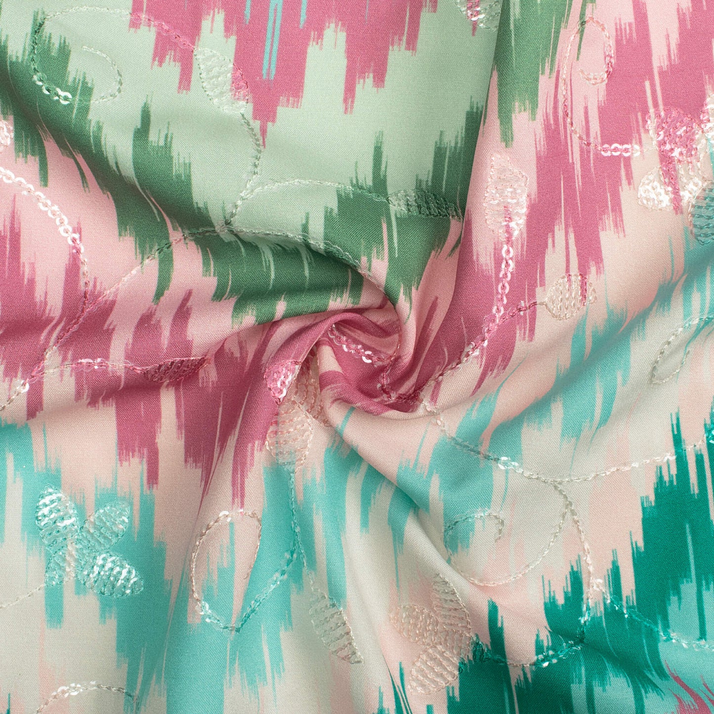 Pink And Green Chevron Pattern Digital Print Floral Sequins Embroidery Ultra Premium Butter Crepe Fabric