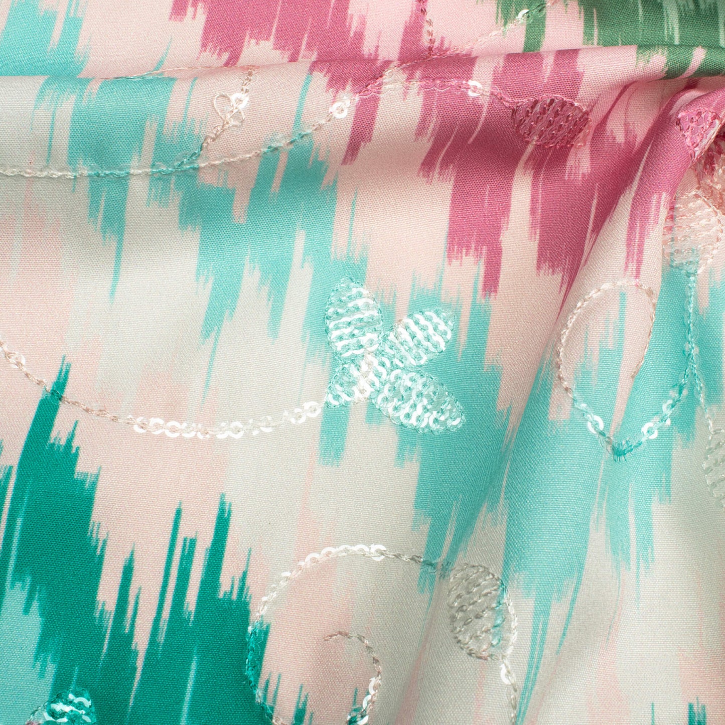 Pink And Green Chevron Pattern Digital Print Floral Sequins Embroidery Ultra Premium Butter Crepe Fabric