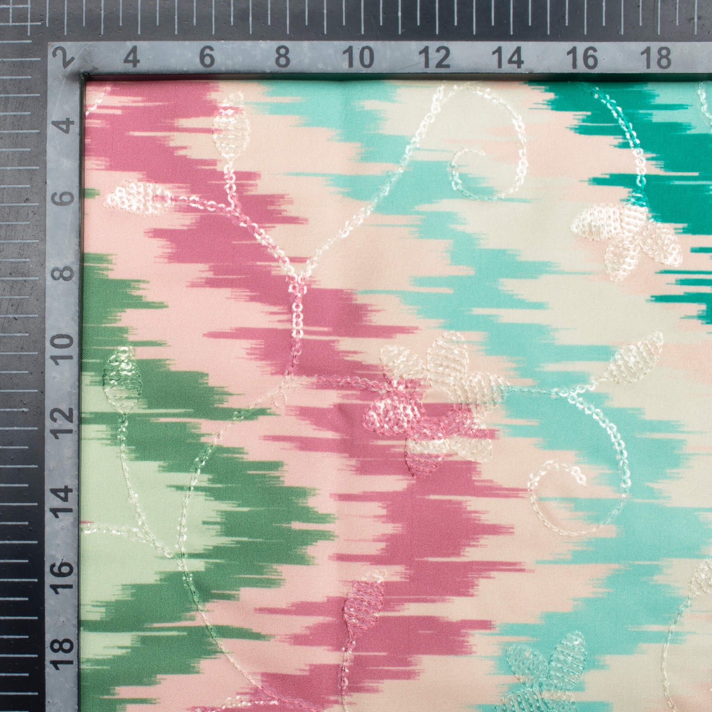 Pink And Green Chevron Pattern Digital Print Floral Sequins Embroidery Ultra Premium Butter Crepe Fabric