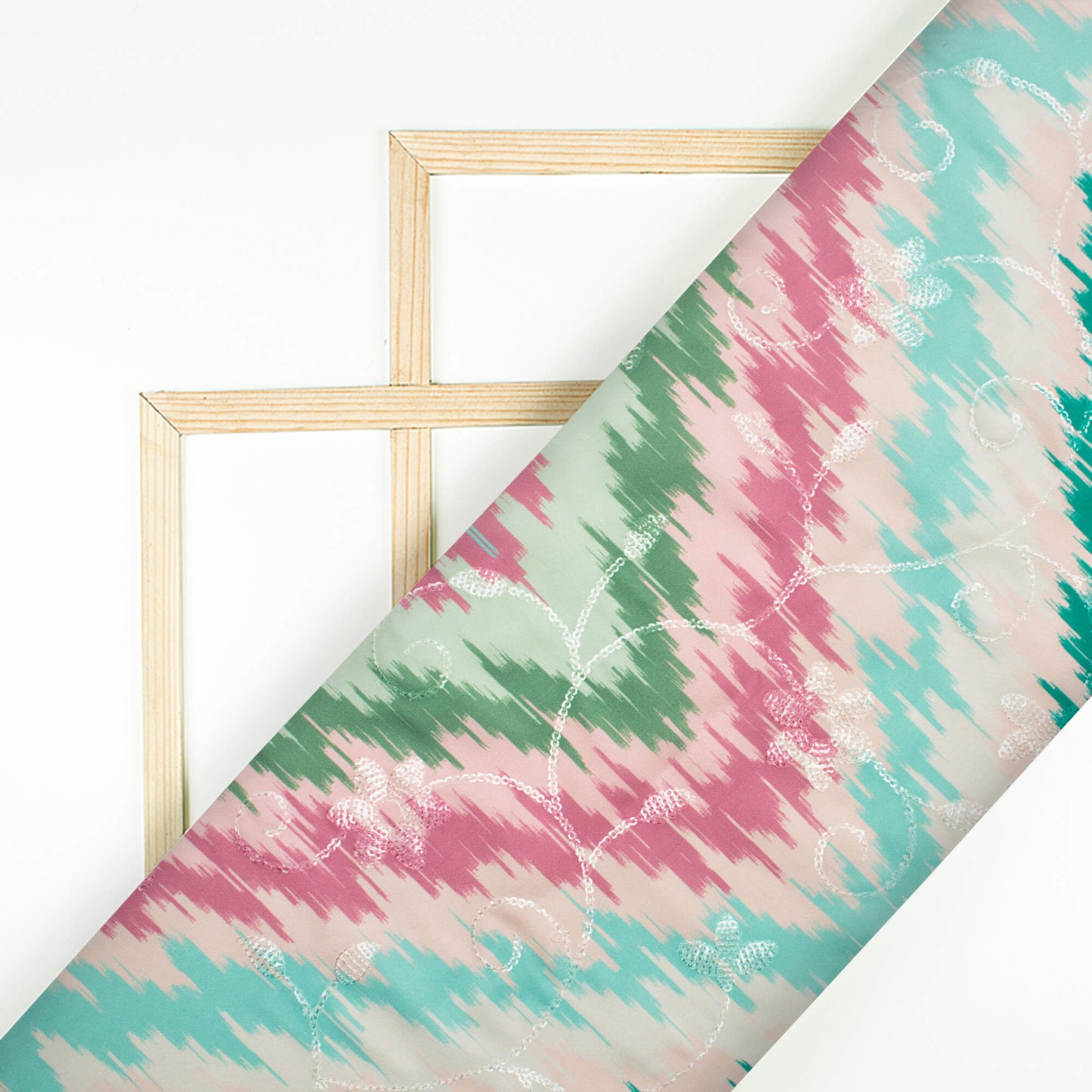 Pink And Green Chevron Pattern Digital Print Floral Sequins Embroidery Ultra Premium Butter Crepe Fabric