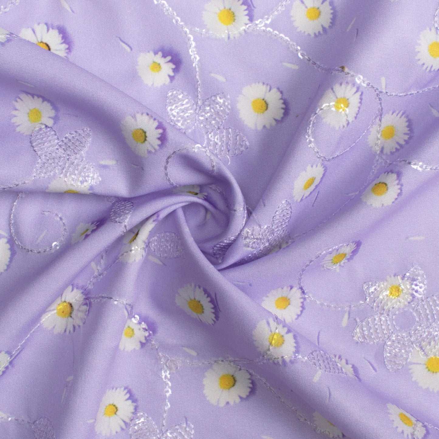 Light Purple And Daisy White Floral Pattern Digital Print Floral Sequins Embroidery Ultra Premium Butter Crepe Fabric