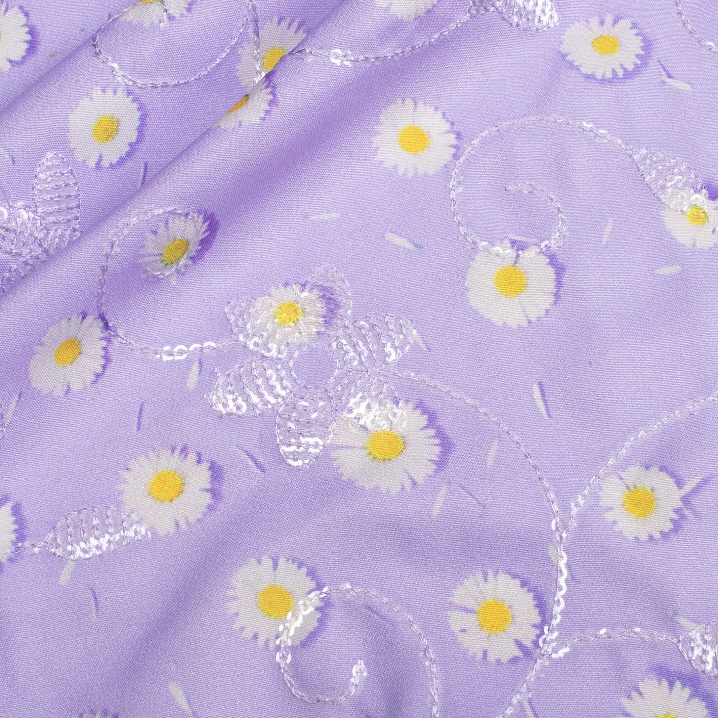 Light Purple And Daisy White Floral Pattern Digital Print Floral Sequins Embroidery Ultra Premium Butter Crepe Fabric