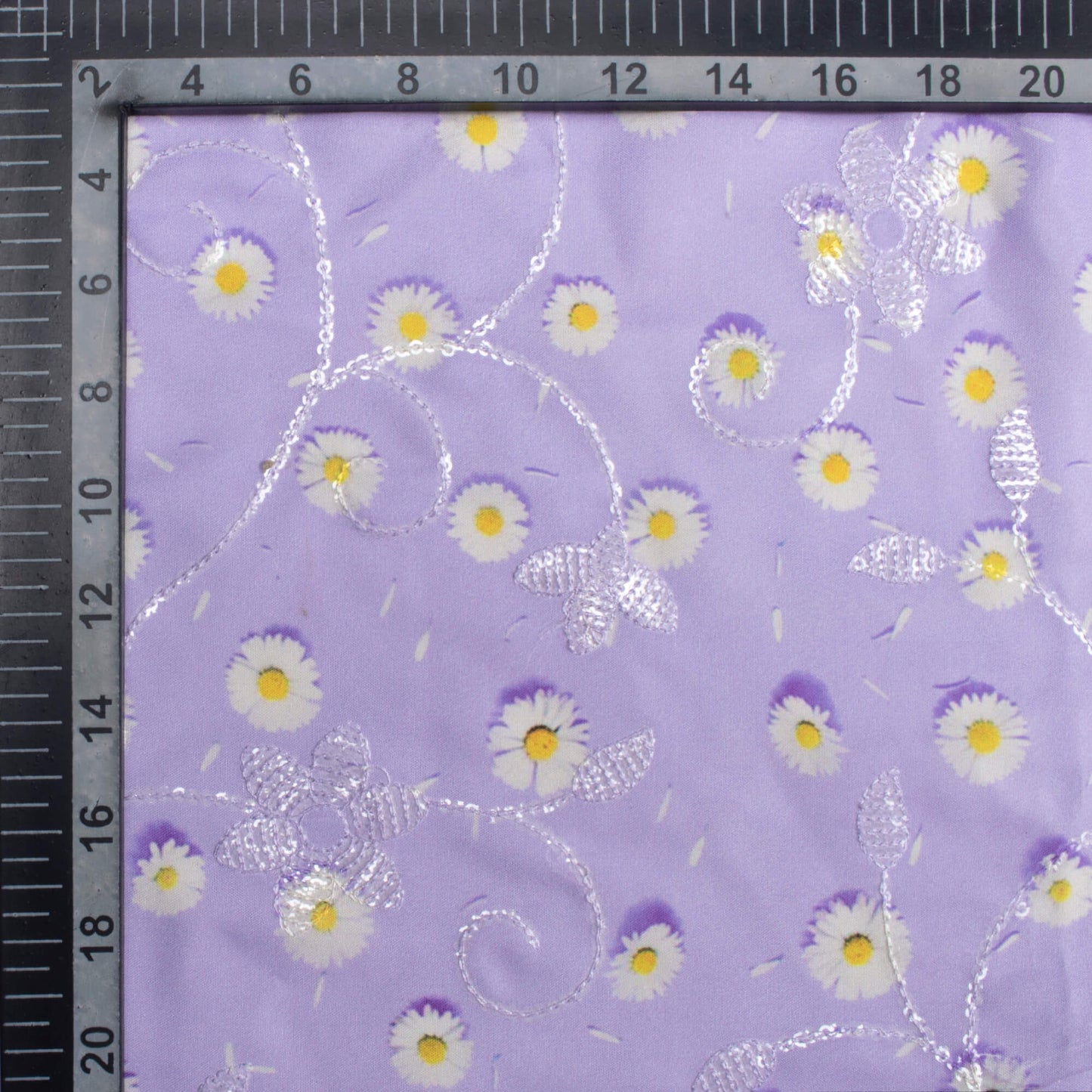 Light Purple And Daisy White Floral Pattern Digital Print Floral Sequins Embroidery Ultra Premium Butter Crepe Fabric