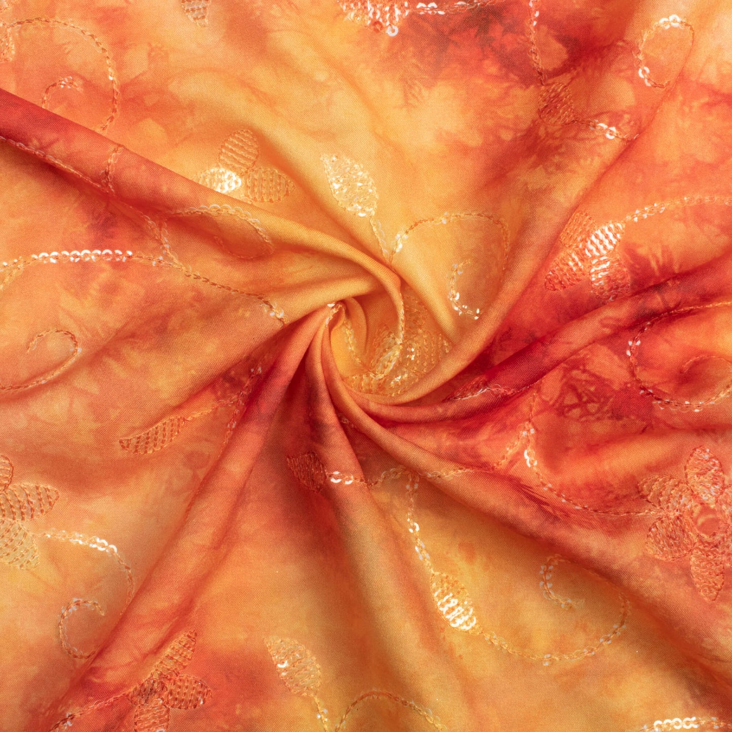 Fire Yellow And Brick Red Tie & Dye Pattern Digital Print Floral Sequins Embroidery Ultra Premium Butter Crepe Fabric