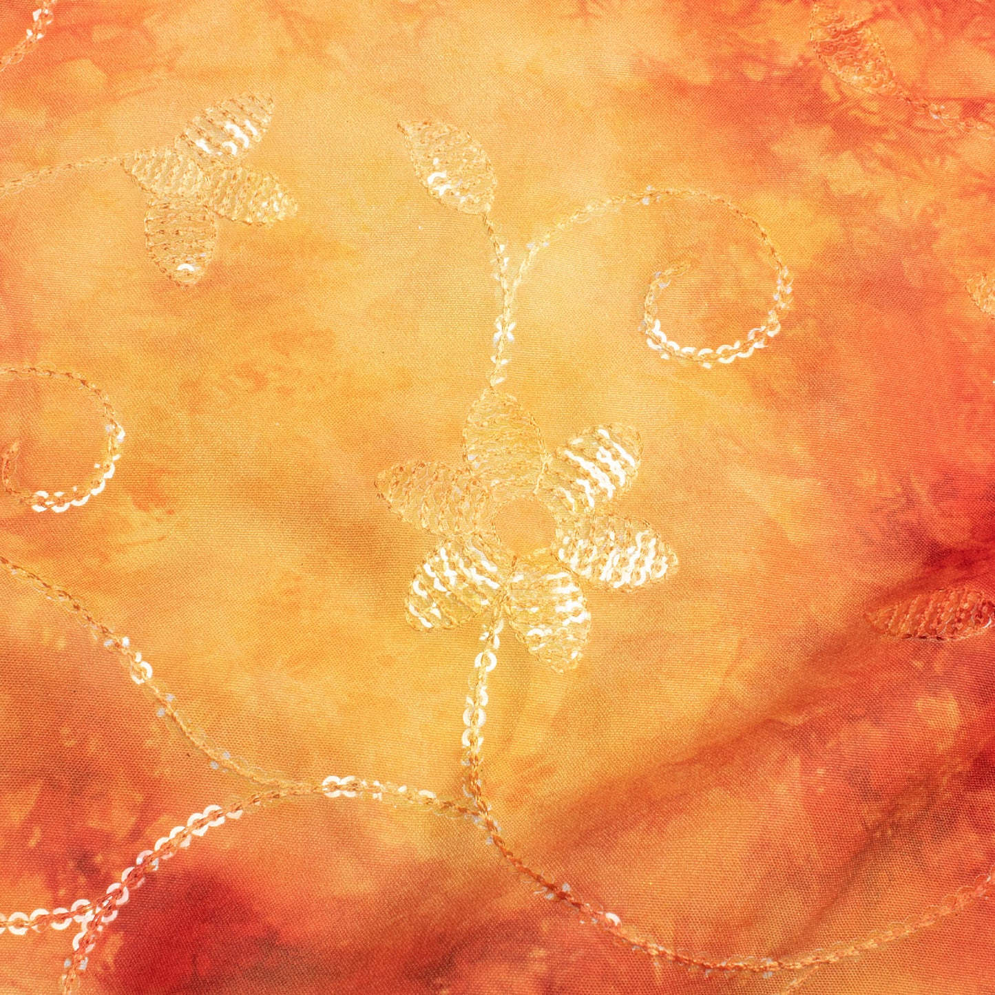 Fire Yellow And Brick Red Tie & Dye Pattern Digital Print Floral Sequins Embroidery Ultra Premium Butter Crepe Fabric