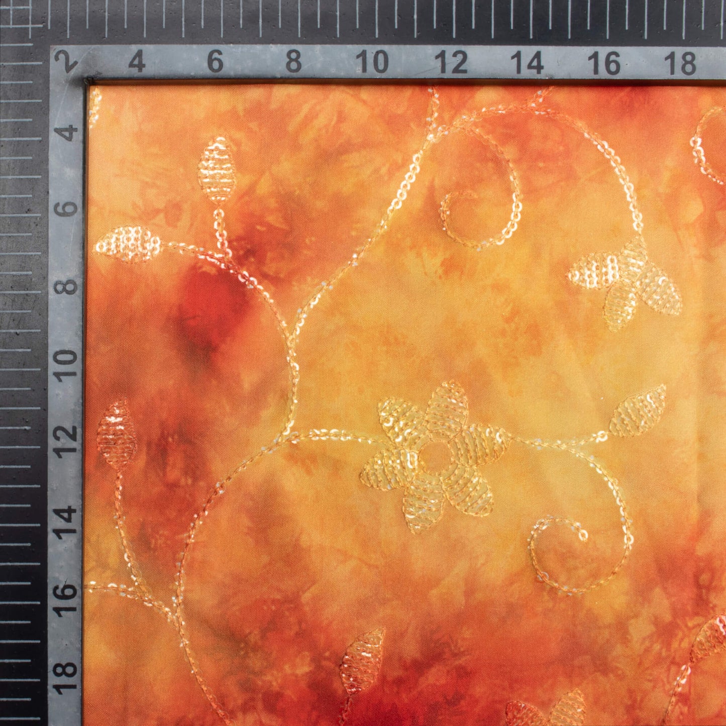 Fire Yellow And Brick Red Tie & Dye Pattern Digital Print Floral Sequins Embroidery Ultra Premium Butter Crepe Fabric
