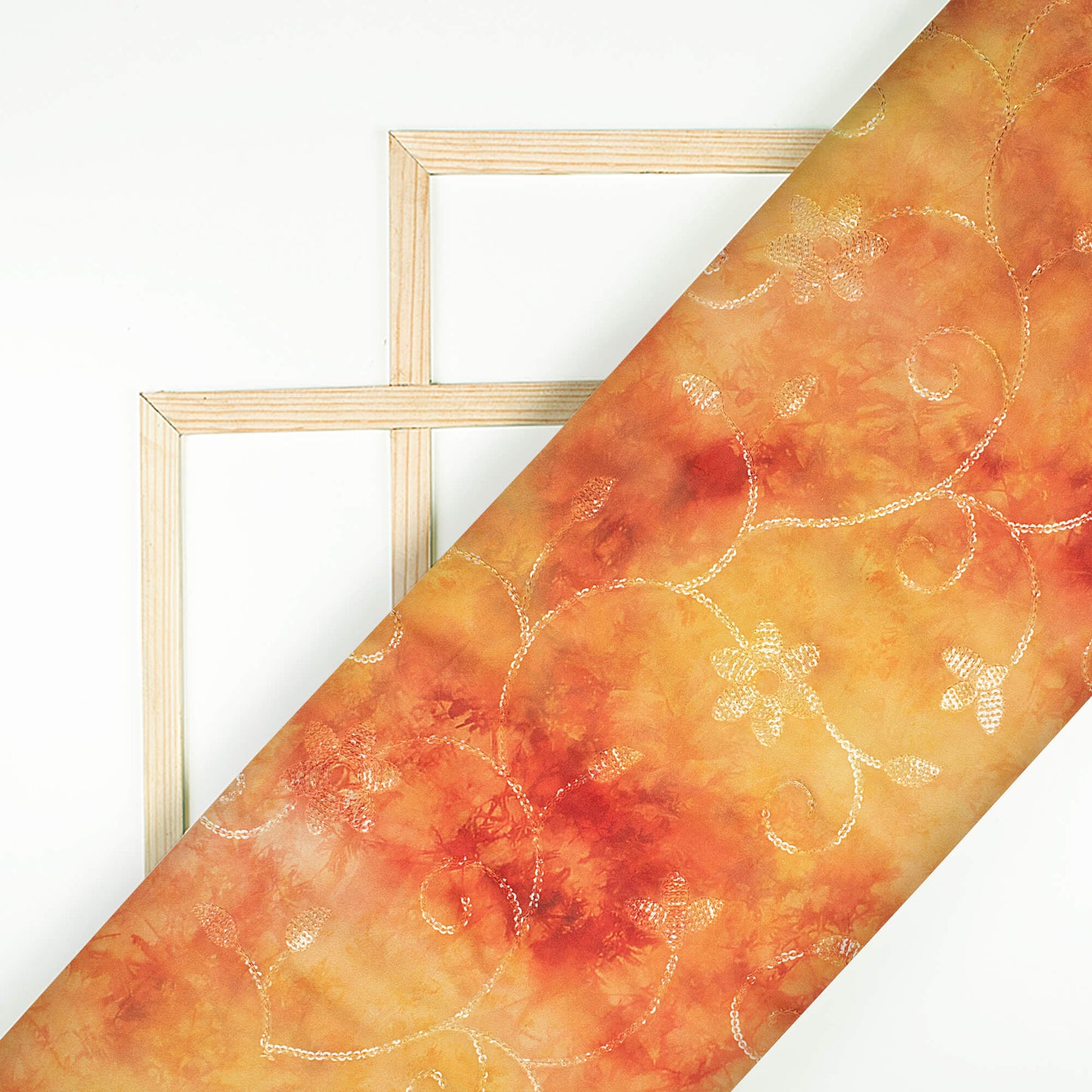 Fire Yellow And Brick Red Tie & Dye Pattern Digital Print Floral Sequins Embroidery Ultra Premium Butter Crepe Fabric