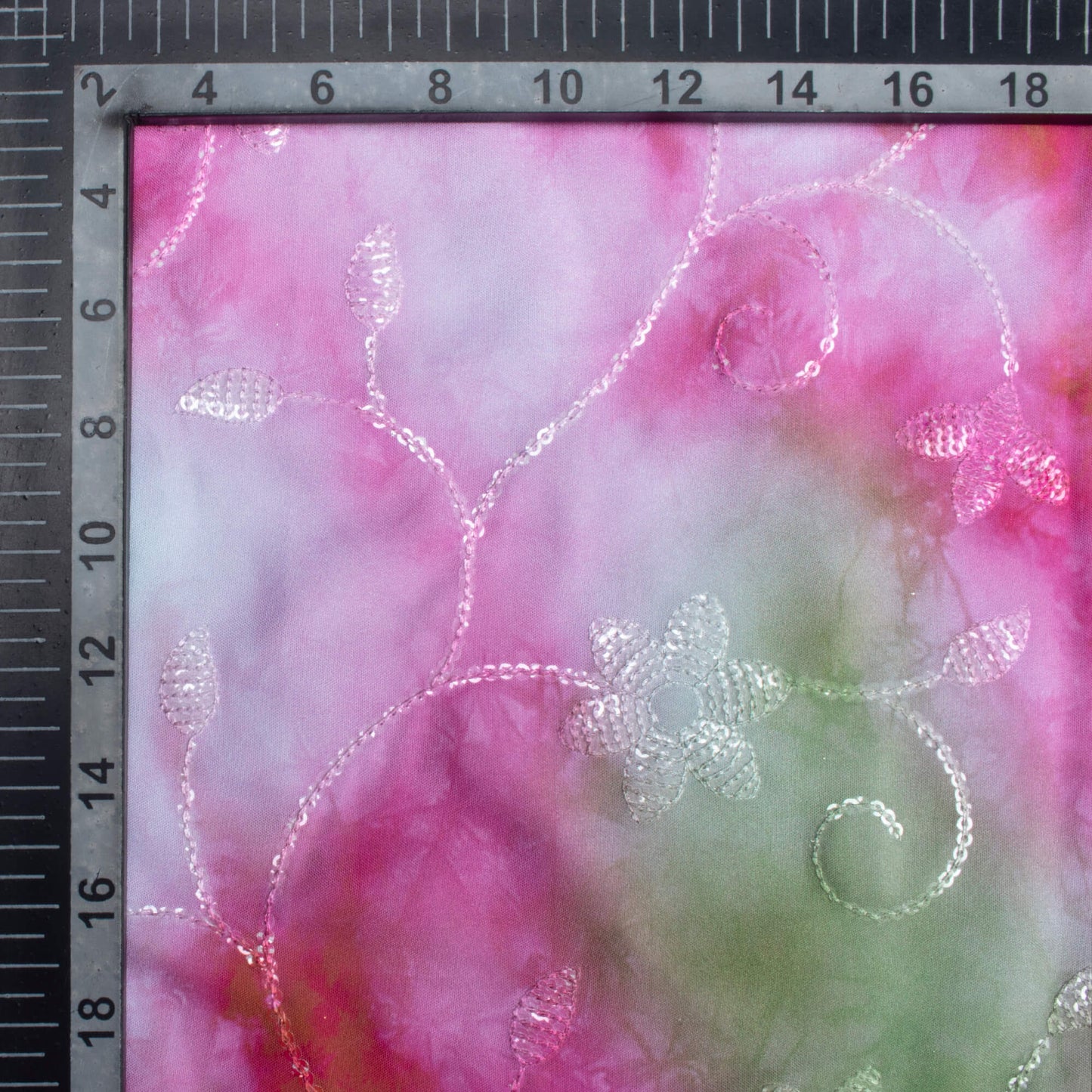 Deep Pink And Pale Blue Tie & Dye Pattern Digital Print Floral Sequins Embroidery Ultra Premium Butter Crepe Fabric
