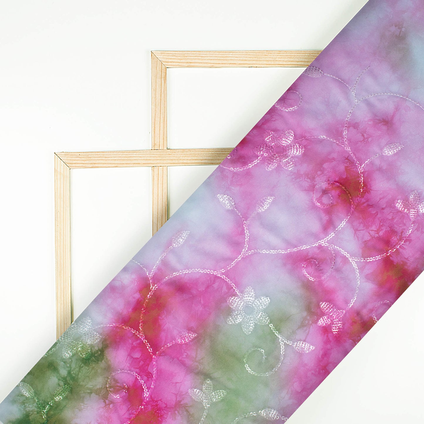 Deep Pink And Pale Blue Tie & Dye Pattern Digital Print Floral Sequins Embroidery Ultra Premium Butter Crepe Fabric