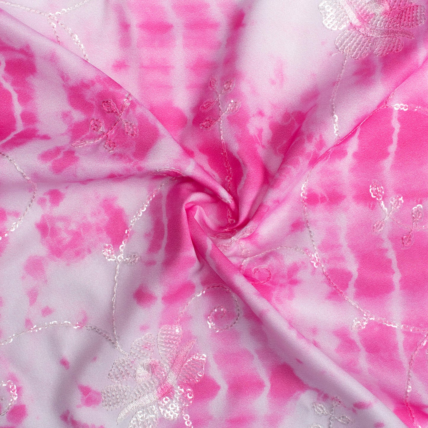 Hot Pink And White Shibori Pattern Digital Print Floral Sequins Embroidery Ultra Premium Butter Crepe Fabric