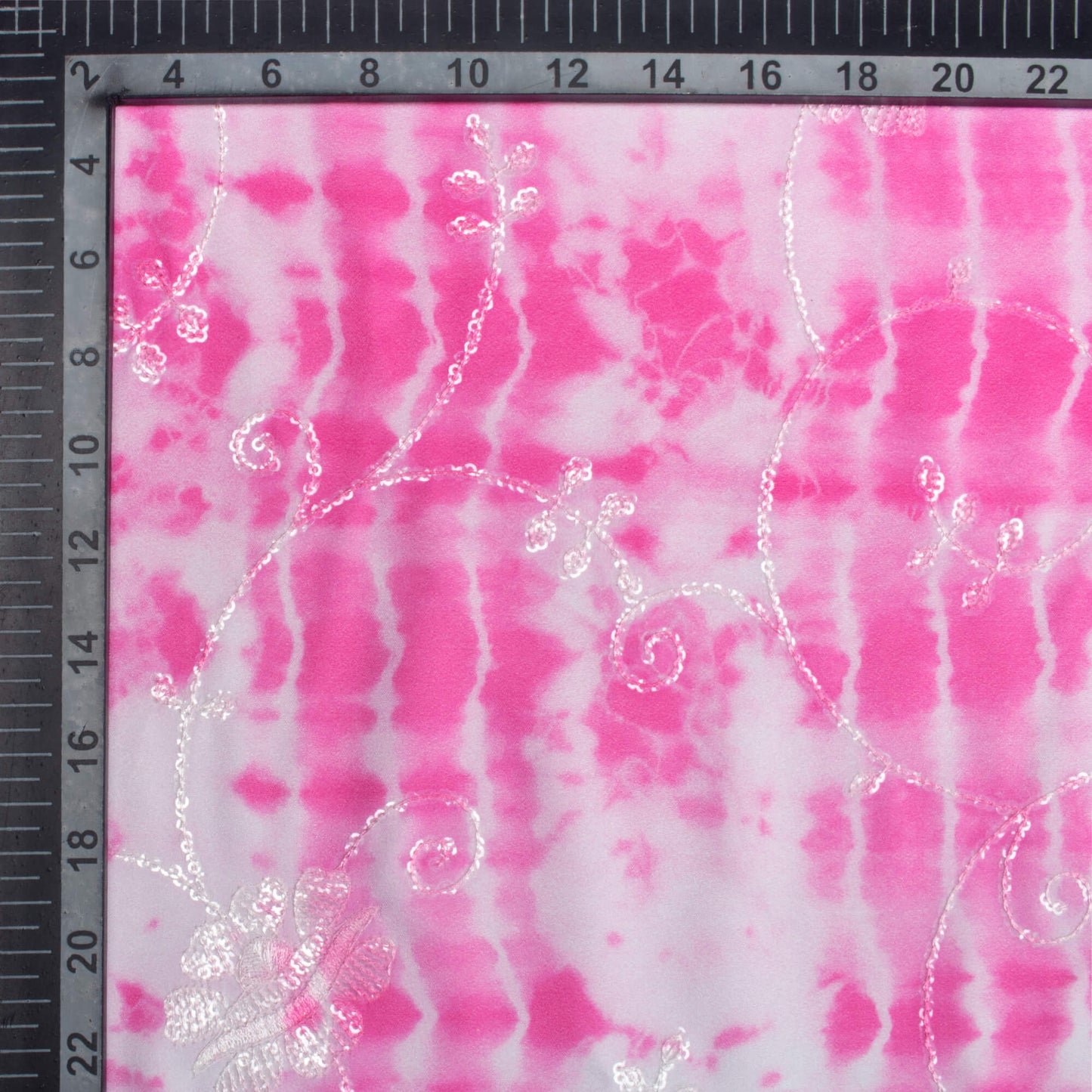 Hot Pink And White Shibori Pattern Digital Print Floral Sequins Embroidery Ultra Premium Butter Crepe Fabric