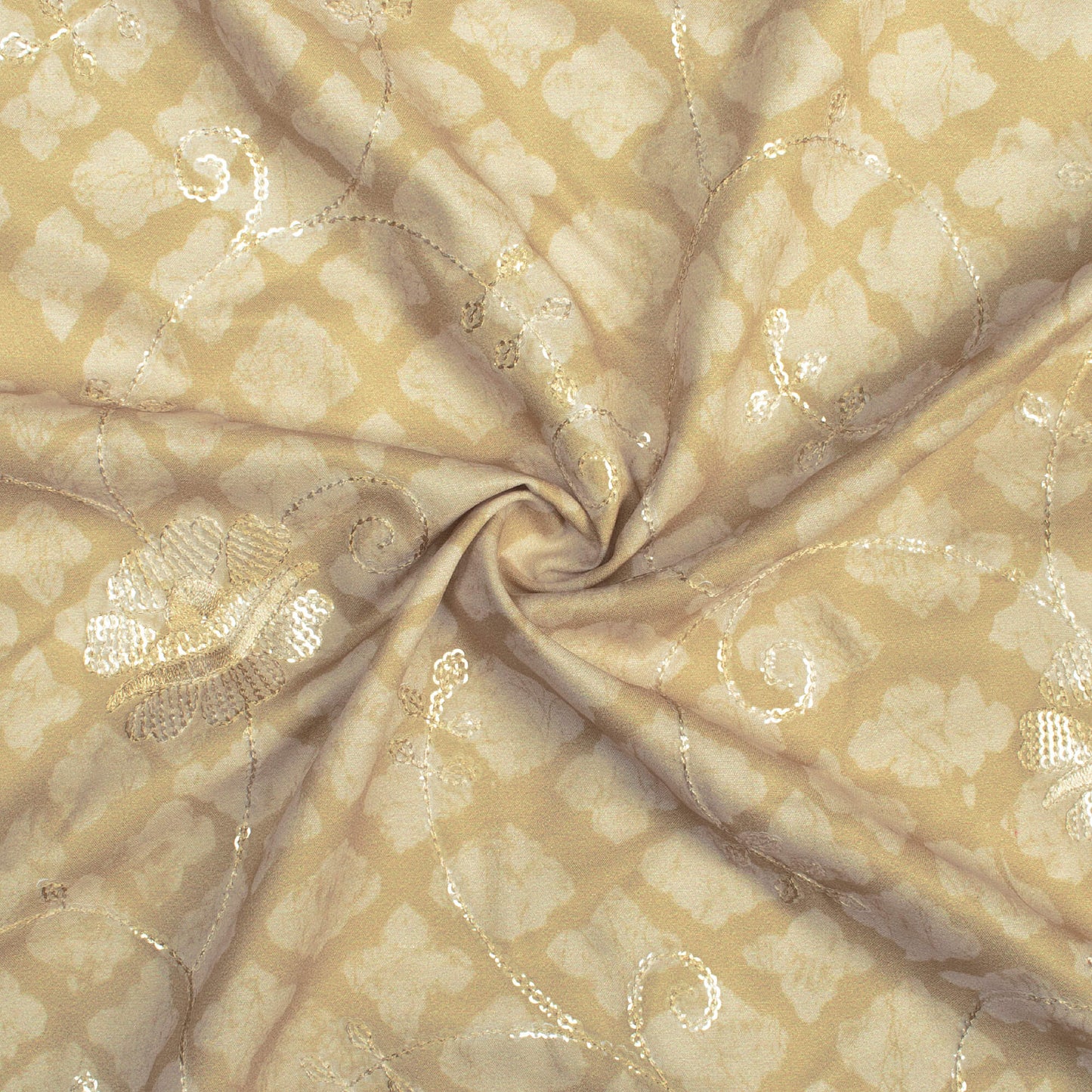 Flax Yellow And Beige Abstract Pattern Digital Print Floral Sequins Embroidery Ultra Premium Butter Crepe Fabric