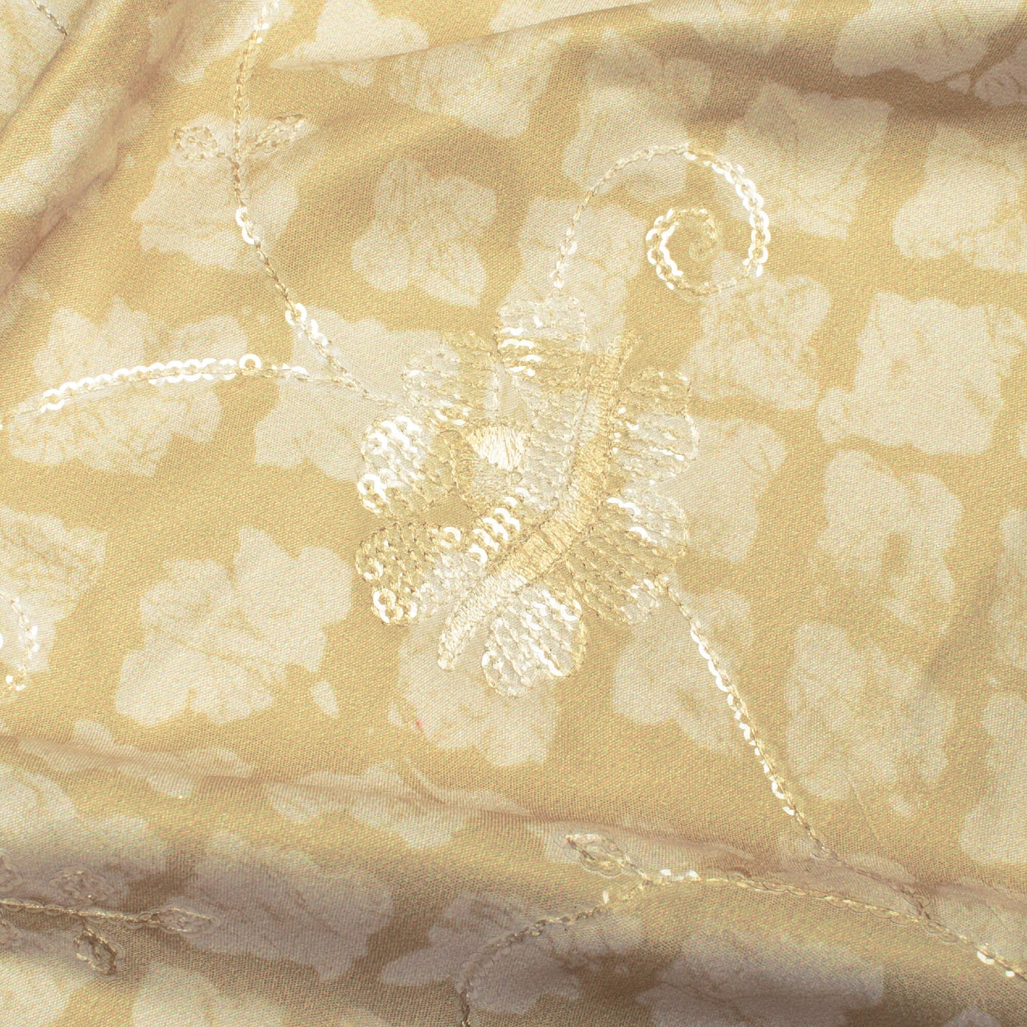 Flax Yellow And Beige Abstract Pattern Digital Print Floral Sequins Embroidery Ultra Premium Butter Crepe Fabric