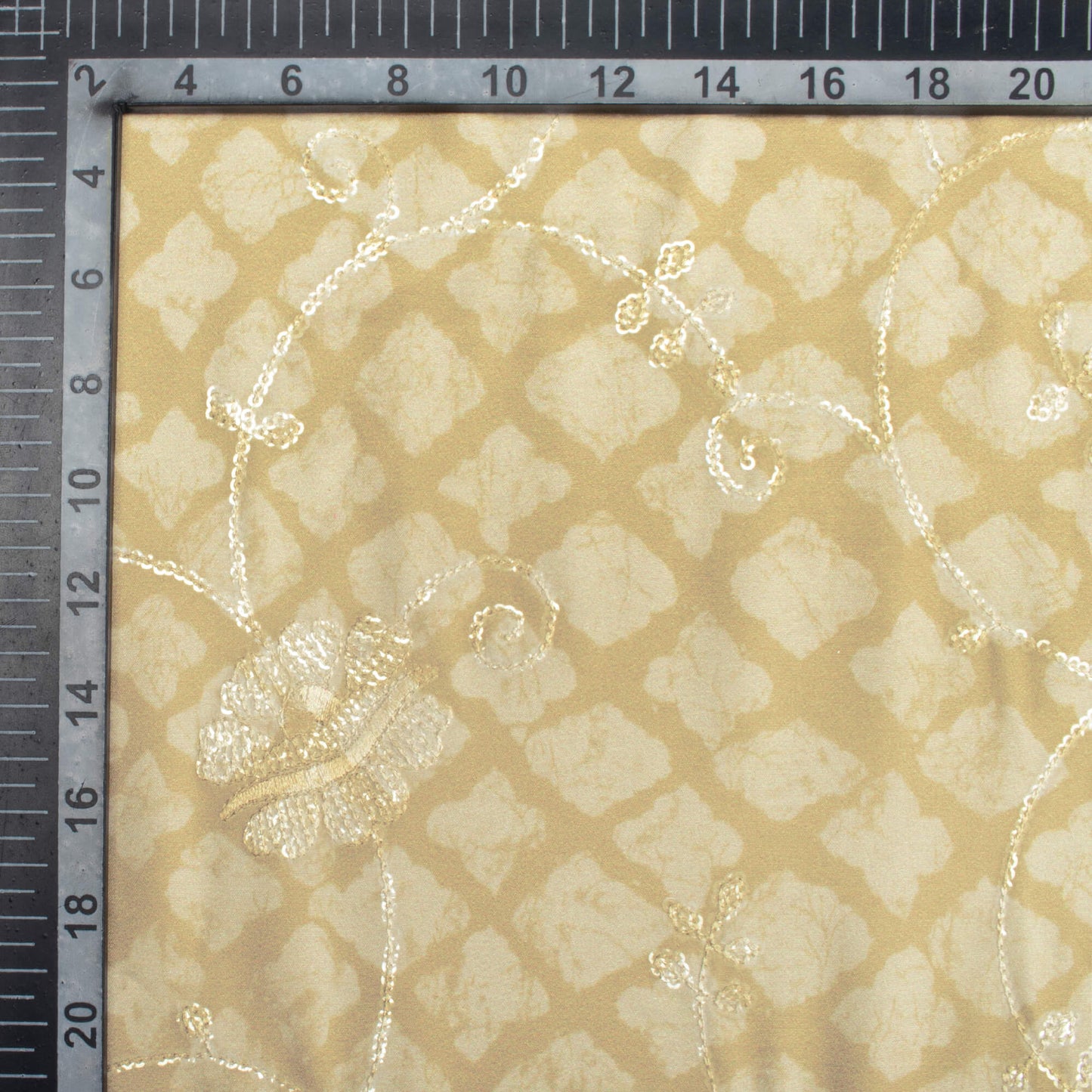 Flax Yellow And Beige Abstract Pattern Digital Print Floral Sequins Embroidery Ultra Premium Butter Crepe Fabric