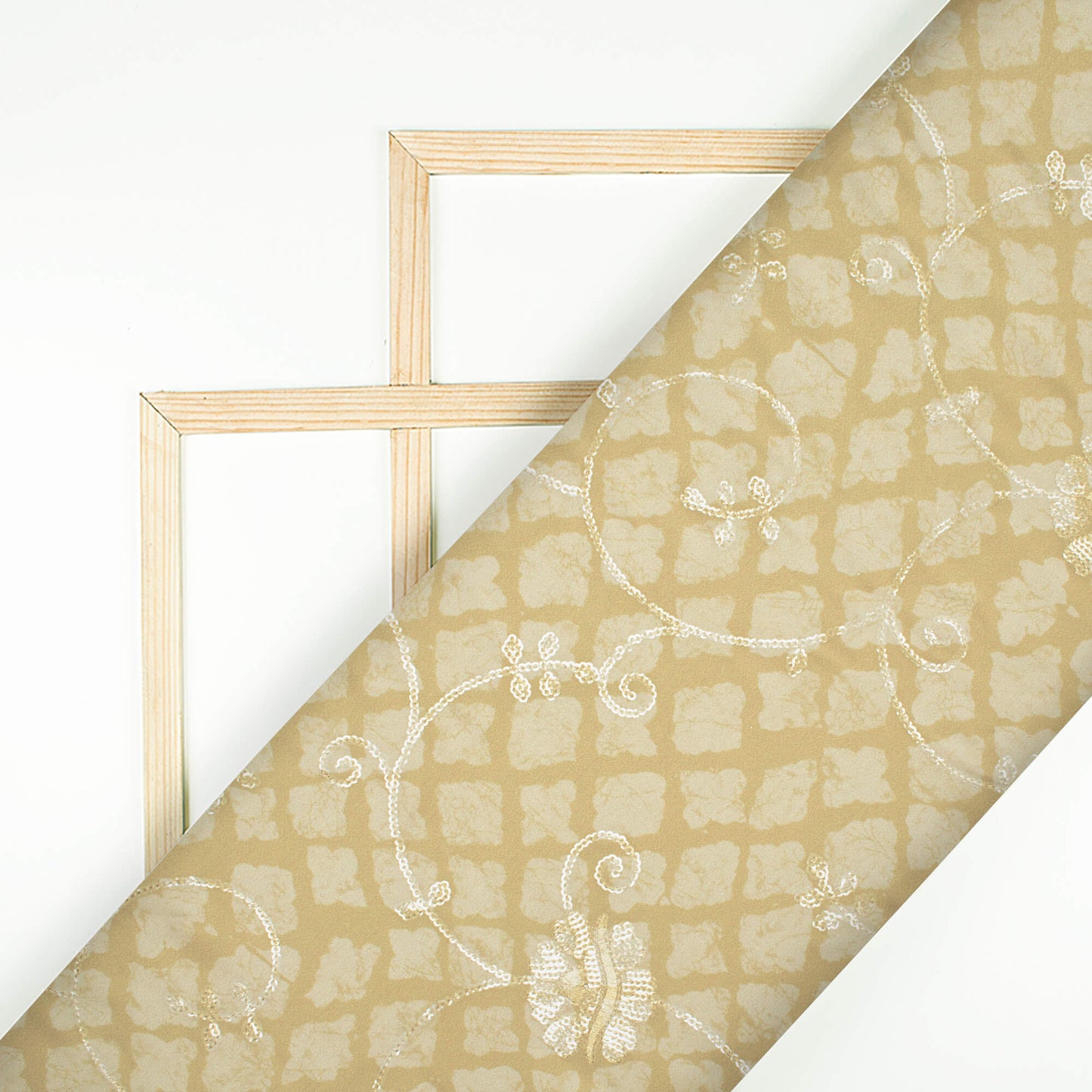 Flax Yellow And Beige Abstract Pattern Digital Print Floral Sequins Embroidery Ultra Premium Butter Crepe Fabric