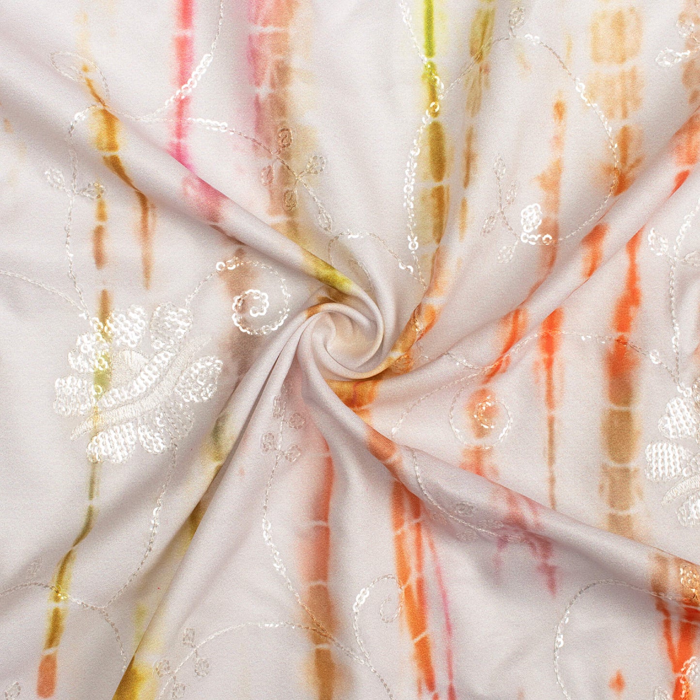 Off White And Orange Shibori Pattern Digital Print Floral Sequins Embroidery Ultra Premium Butter Crepe Fabric