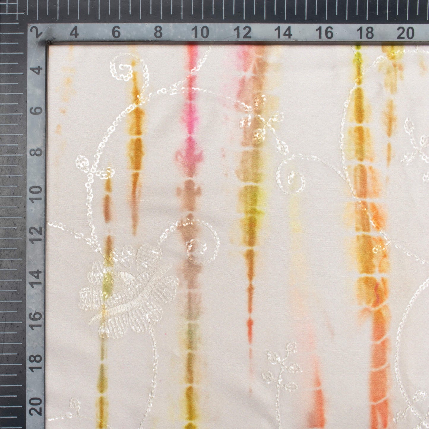 Off White And Orange Shibori Pattern Digital Print Floral Sequins Embroidery Ultra Premium Butter Crepe Fabric