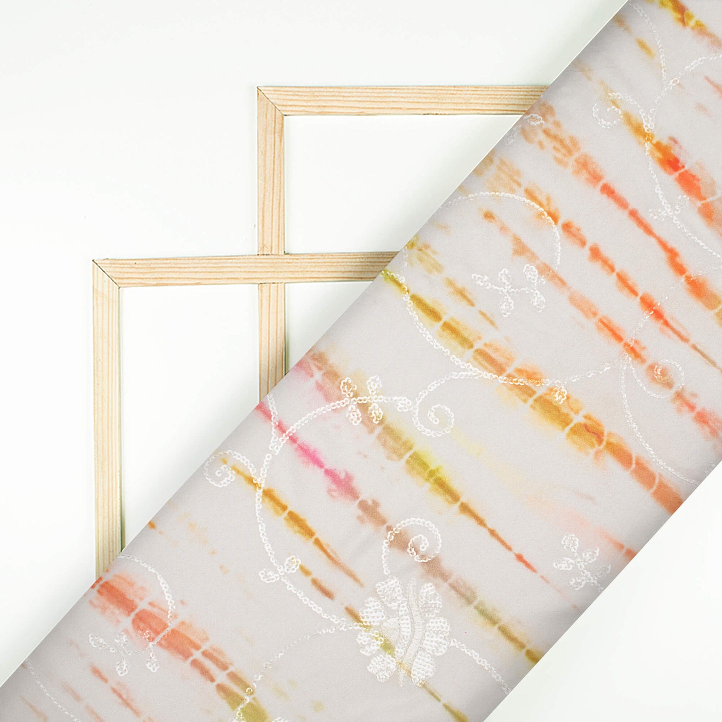 Off White And Orange Shibori Pattern Digital Print Floral Sequins Embroidery Ultra Premium Butter Crepe Fabric