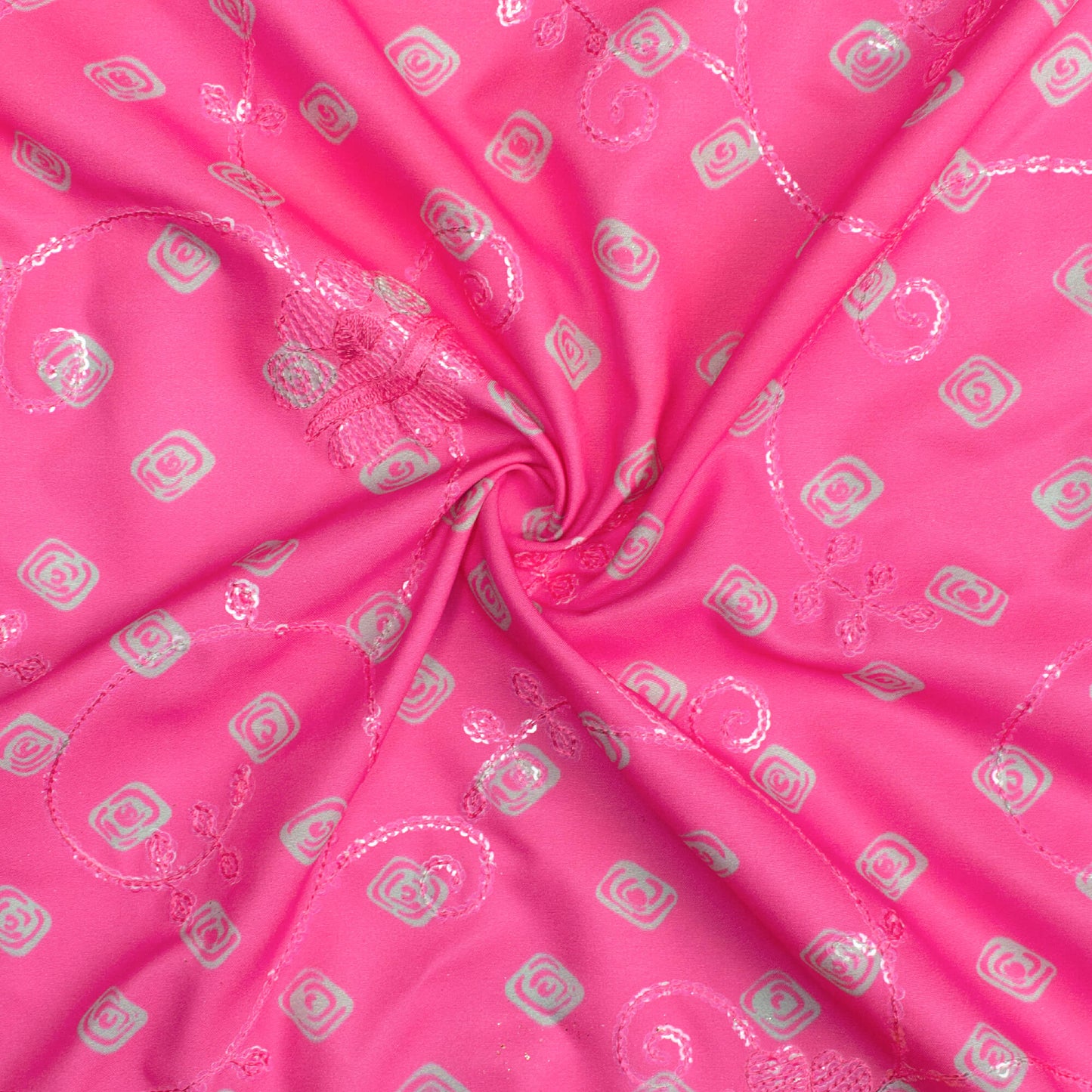 Hot Pink And Green Booti Pattern Digital Print Floral Sequins Embroidery Ultra Premium Butter Crepe Fabric