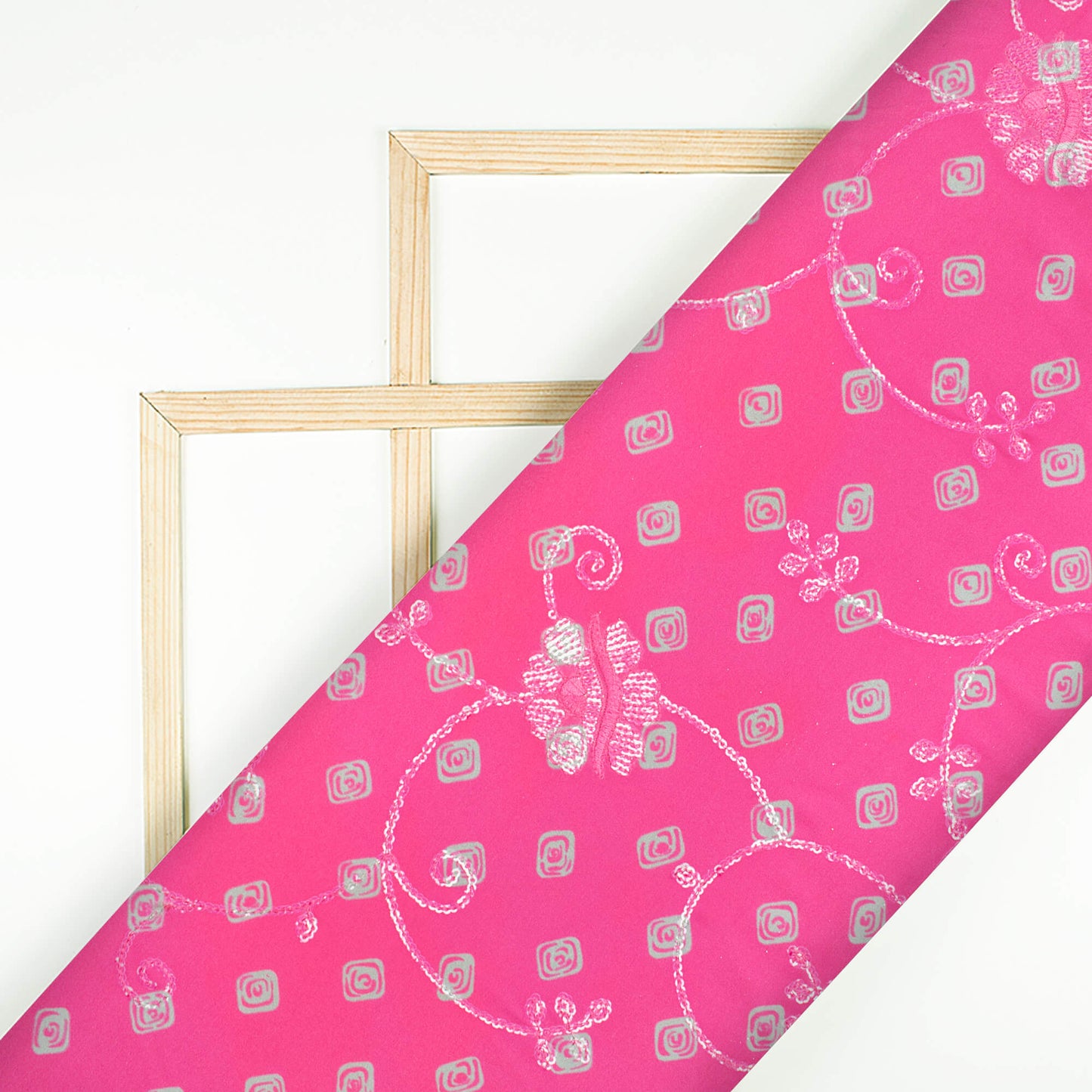 Hot Pink And Green Booti Pattern Digital Print Floral Sequins Embroidery Ultra Premium Butter Crepe Fabric