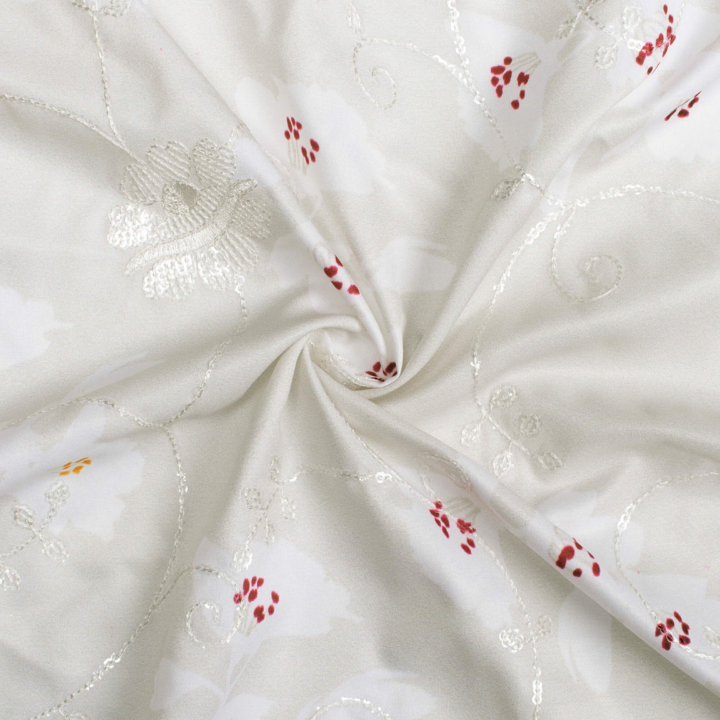 Cloud Grey And White Floral Pattern Digital Print Floral Sequins Embroidery Ultra Premium Butter Crepe Fabric