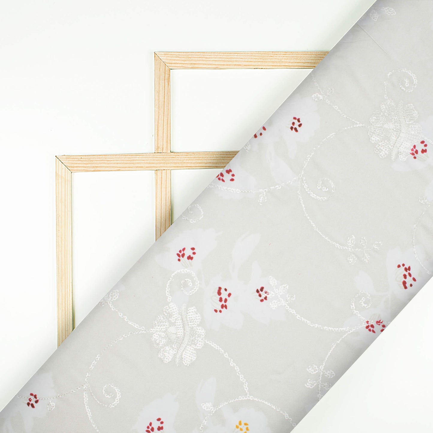 Cloud Grey And White Floral Pattern Digital Print Floral Sequins Embroidery Ultra Premium Butter Crepe Fabric