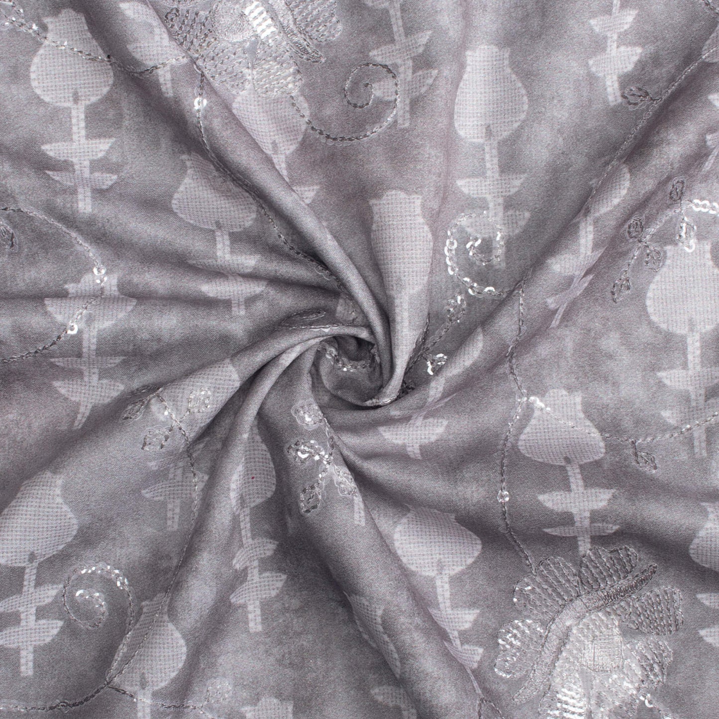 Lava Grey Floral Pattern Digital Print Floral Sequins Embroidery Ultra Premium Butter Crepe Fabric