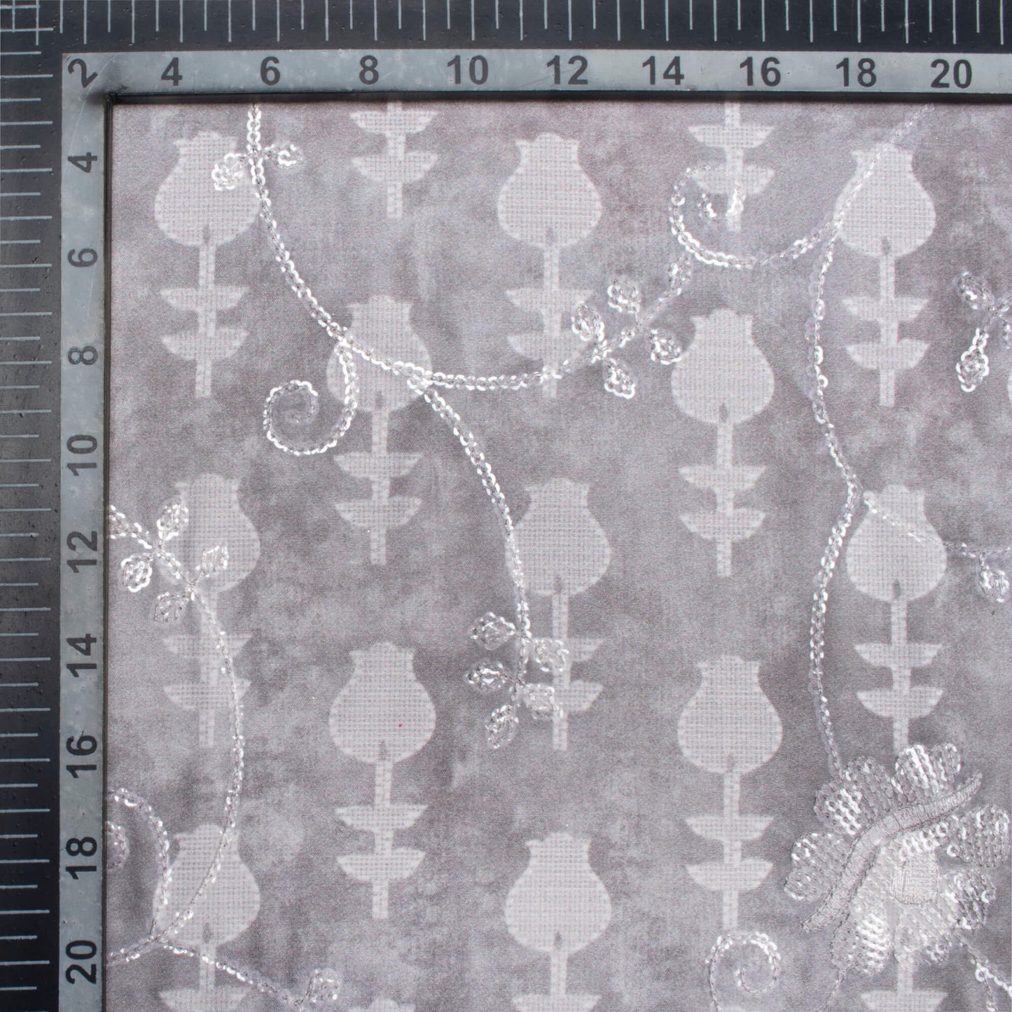 Lava Grey Floral Pattern Digital Print Floral Sequins Embroidery Ultra Premium Butter Crepe Fabric