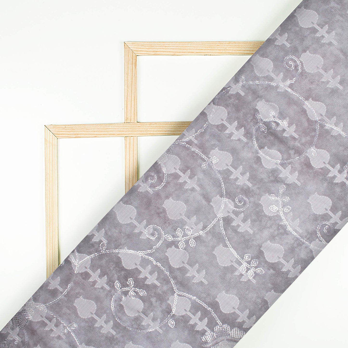 Lava Grey Floral Pattern Digital Print Floral Sequins Embroidery Ultra Premium Butter Crepe Fabric