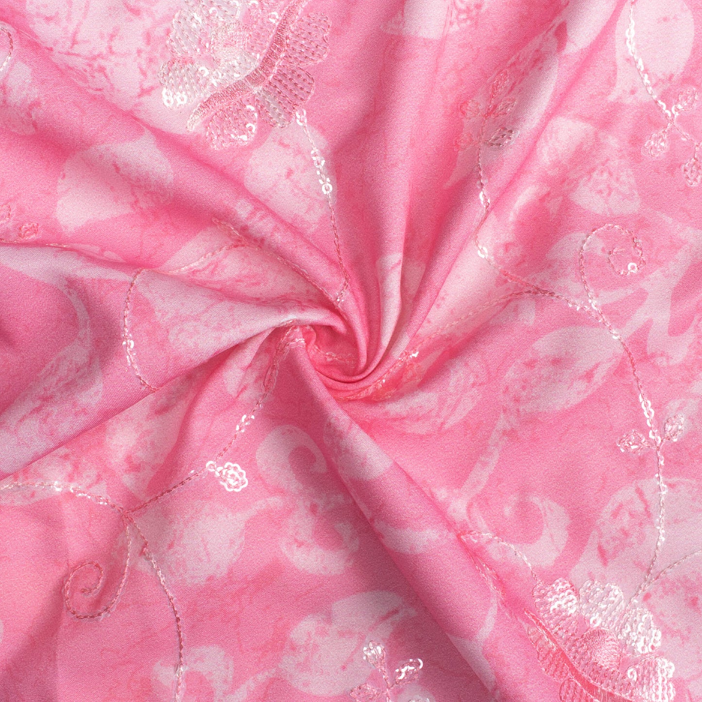 Taffy Pink And Off White Floral Pattern Digital Print Floral Sequins Embroidery Ultra Premium Butter Crepe Fabric