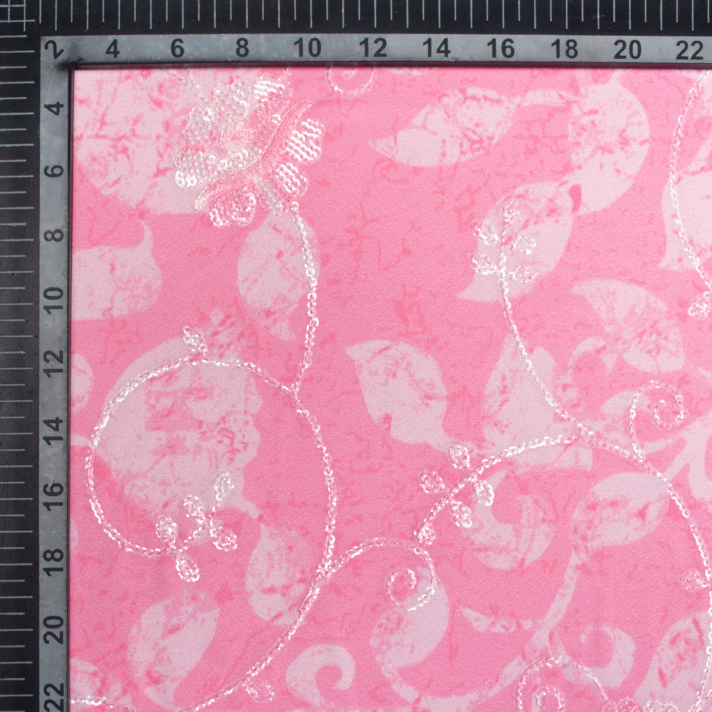 Taffy Pink And Off White Floral Pattern Digital Print Floral Sequins Embroidery Ultra Premium Butter Crepe Fabric