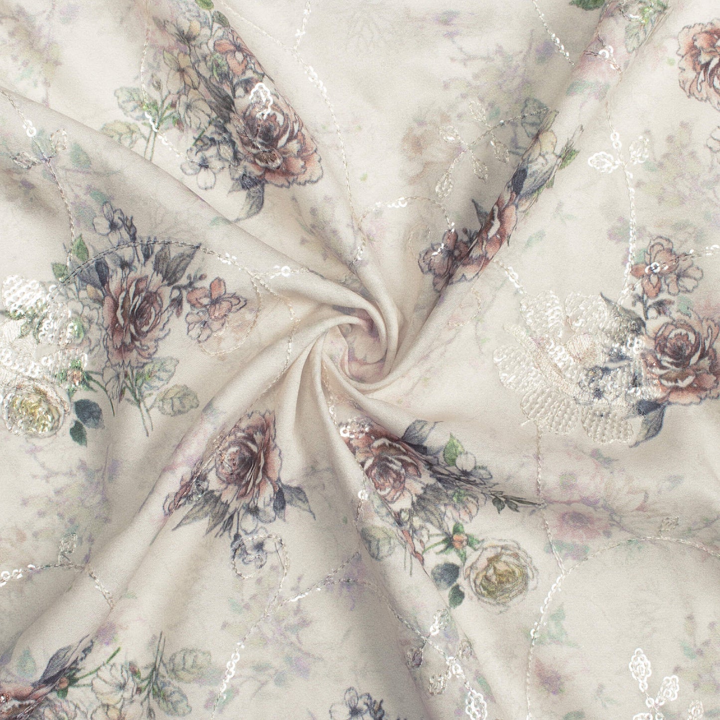 Oat Beige And Green Floral Pattern Digital Print Floral Sequins Embroidery Ultra Premium Butter Crepe Fabric