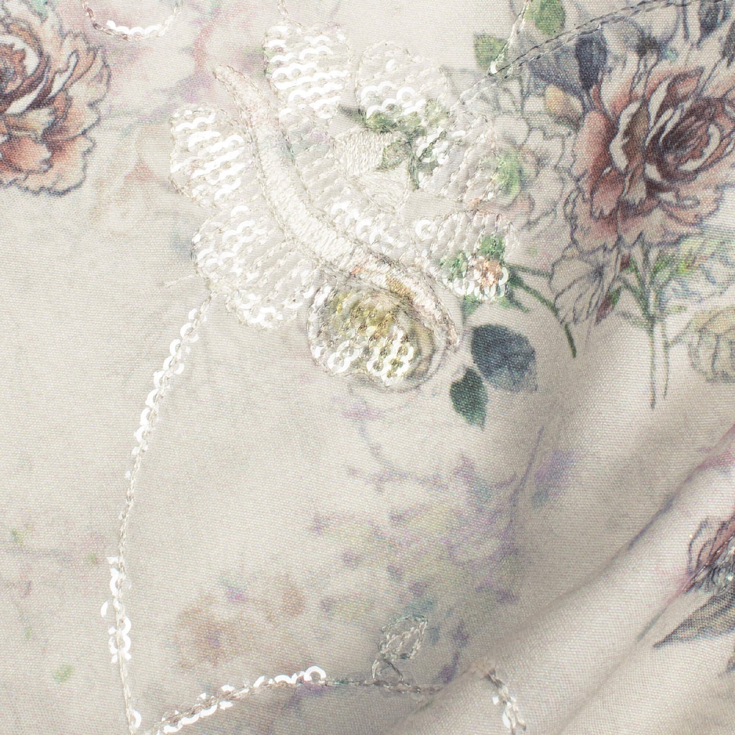 Oat Beige And Green Floral Pattern Digital Print Floral Sequins Embroidery Ultra Premium Butter Crepe Fabric