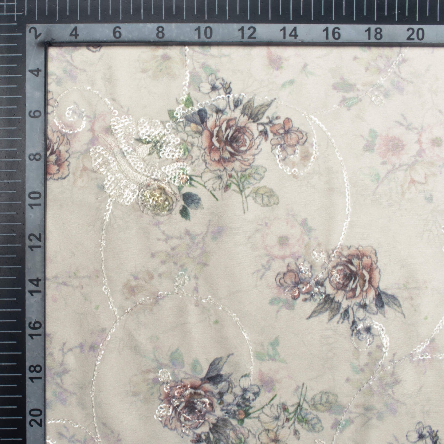 Oat Beige And Green Floral Pattern Digital Print Floral Sequins Embroidery Ultra Premium Butter Crepe Fabric