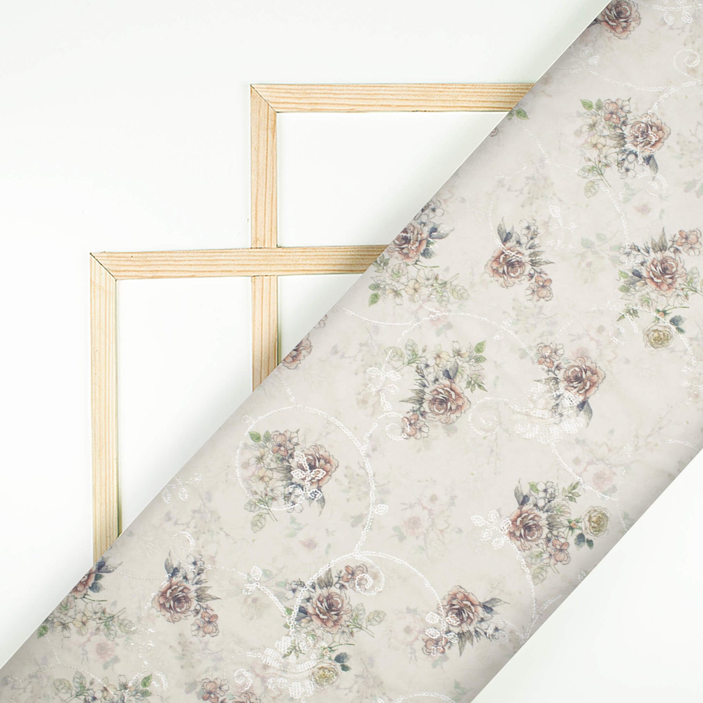 Oat Beige And Green Floral Pattern Digital Print Floral Sequins Embroidery Ultra Premium Butter Crepe Fabric