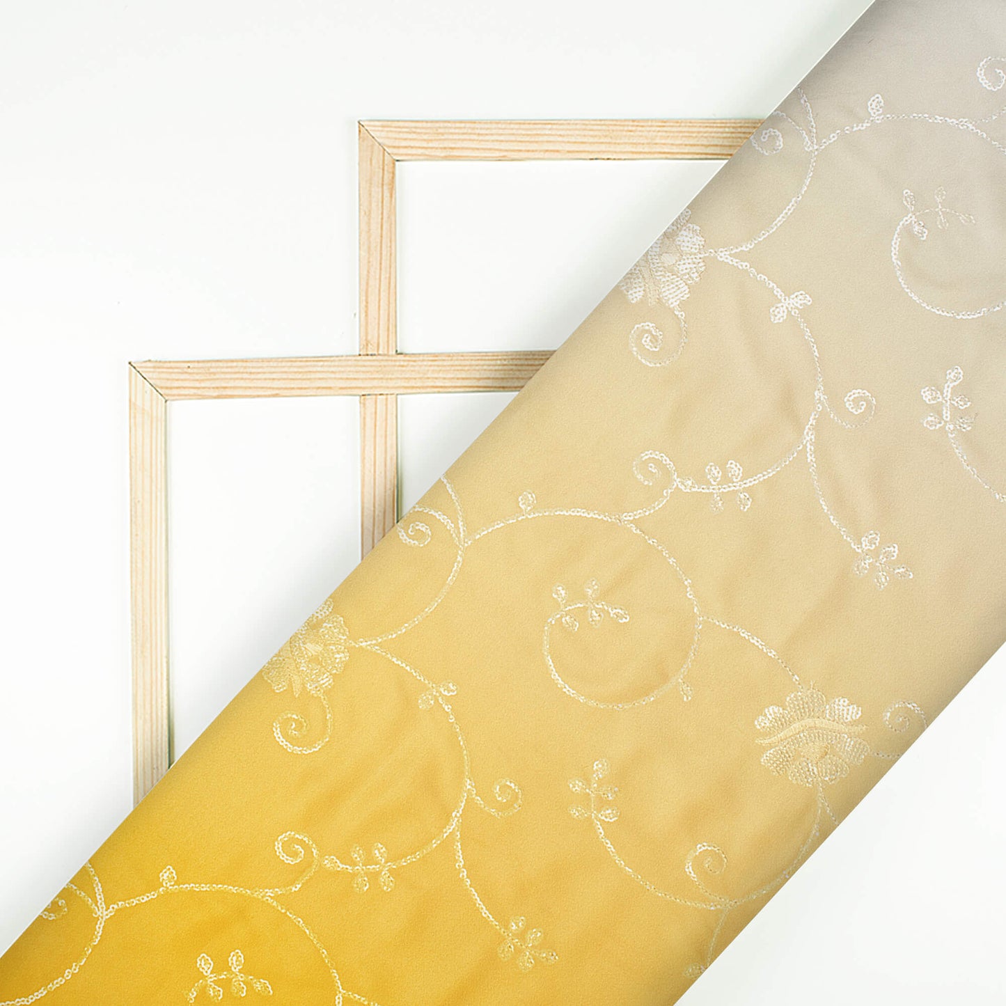 Yellow Ombre Pattern Digital Print Floral Sequins Embroidery Ultra Premium Butter Crepe Fabric
