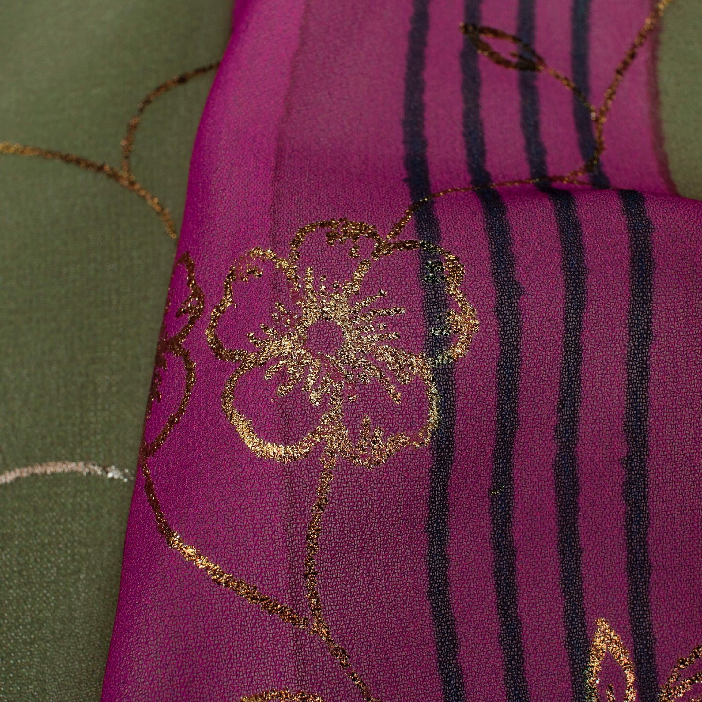Dark Pink And Olive Green Stripes Pattern Foil Digital Print Georgette Fabric