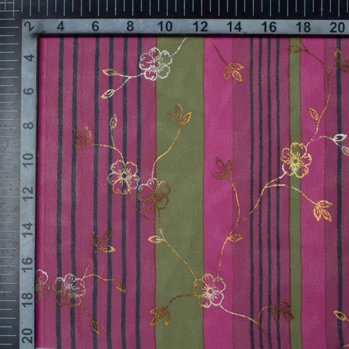 Dark Pink And Olive Green Stripes Pattern Foil Digital Print Georgette Fabric