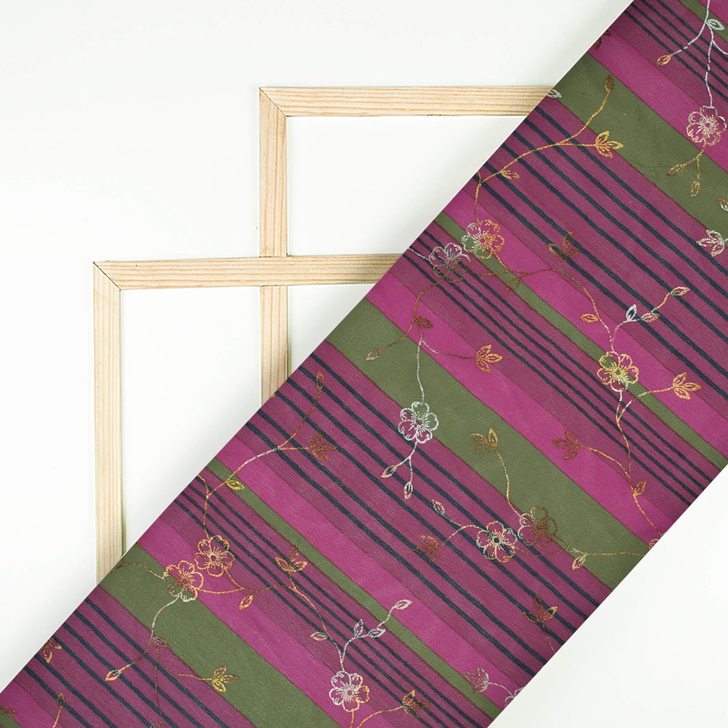Dark Pink And Olive Green Stripes Pattern Foil Digital Print Georgette Fabric