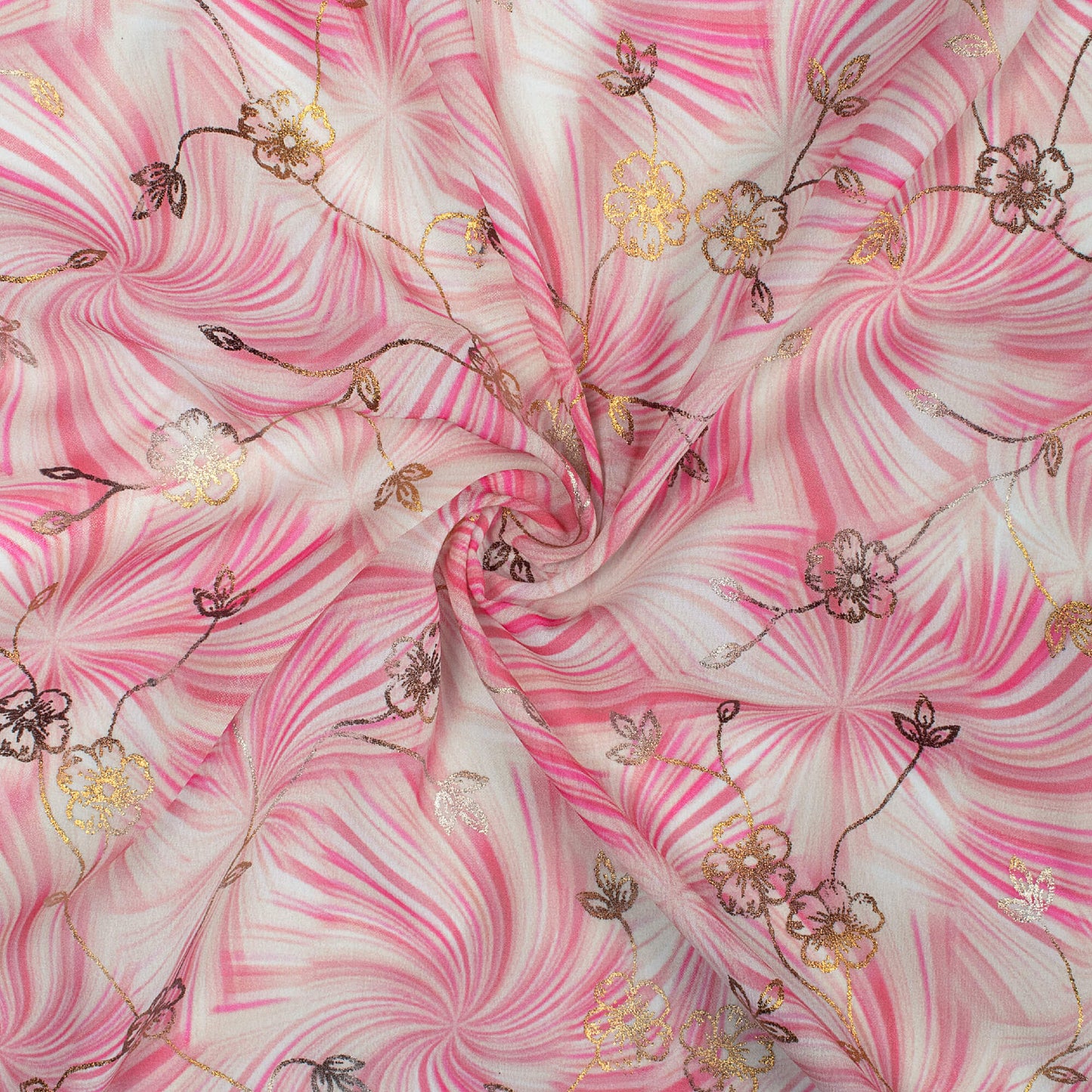 Punch Pink And Cream Abstract Pattern Foil Digital Print Georgette Fabric
