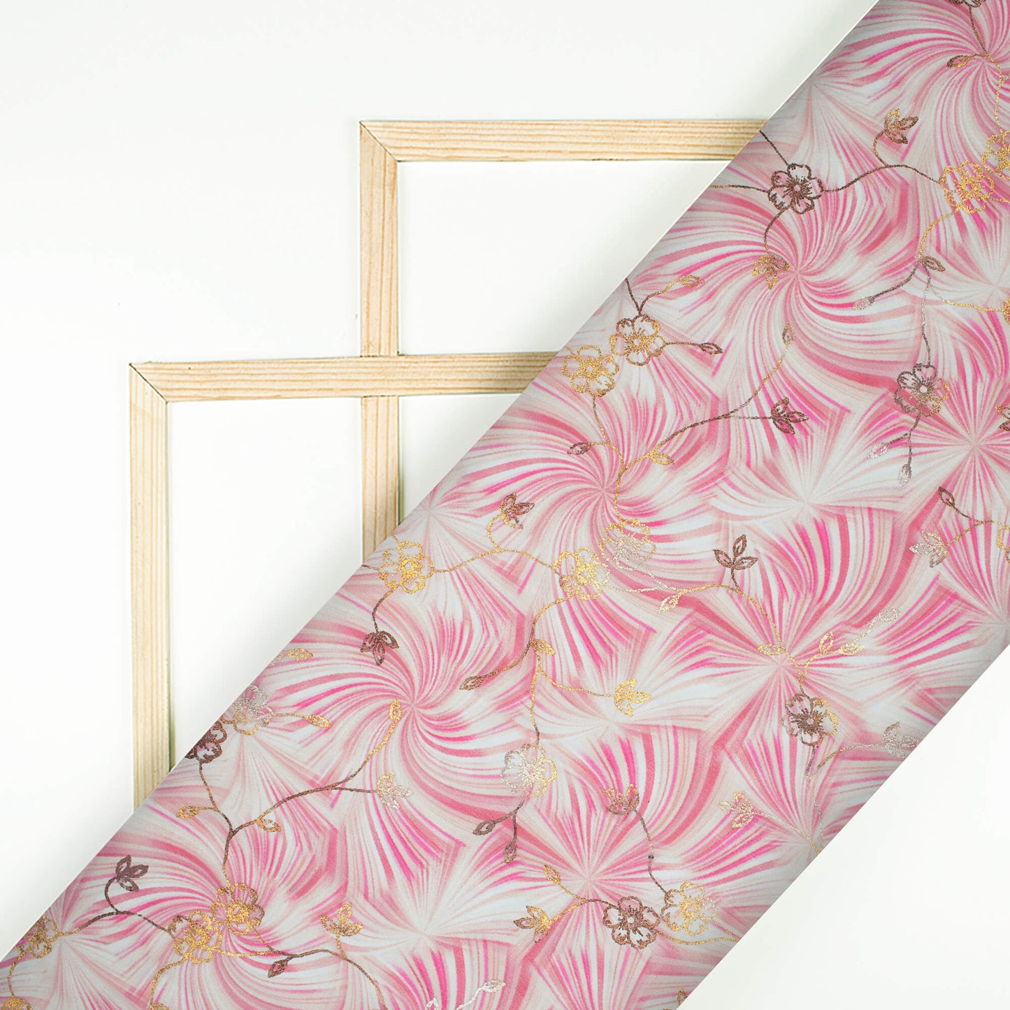 Punch Pink And Cream Abstract Pattern Foil Digital Print Georgette Fabric