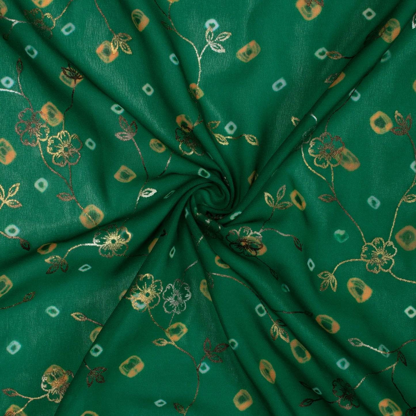 Basil Green And Yellow Bandhani Pattern Foil Digital Print Georgette Fabric