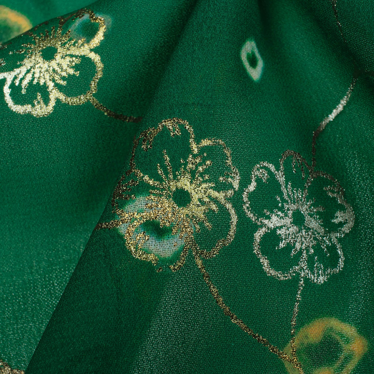 Basil Green And Yellow Bandhani Pattern Foil Digital Print Georgette Fabric