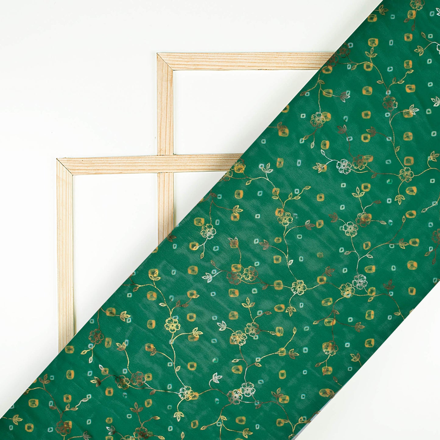 Basil Green And Yellow Bandhani Pattern Foil Digital Print Georgette Fabric