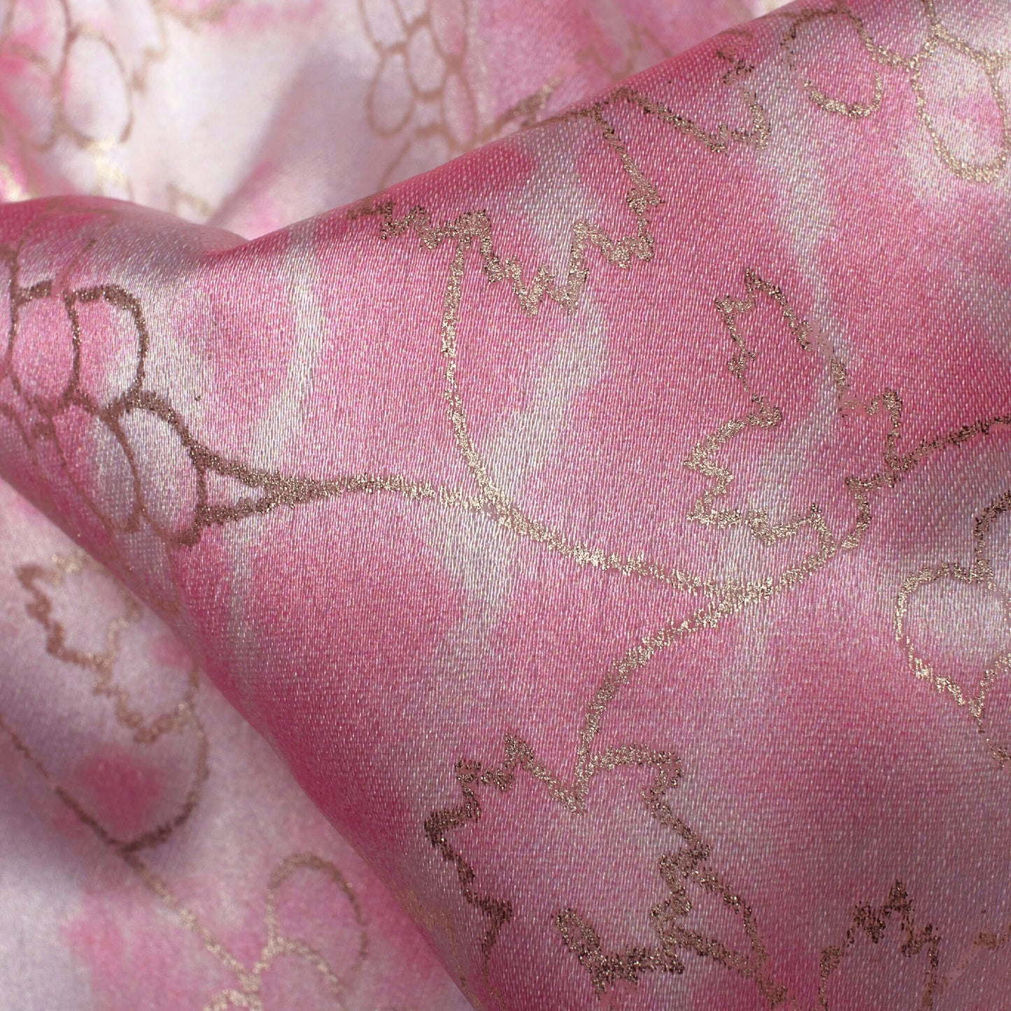 Salmon Pink And Cream Shibori Pattern Foil Digital Print Japan Satin Fabric