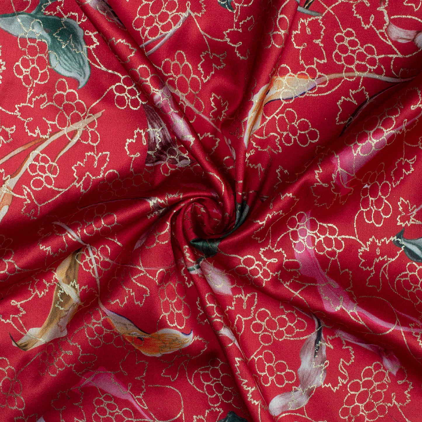 Vermilion Red And Green Leaf Pattern Foil Digital Print Japan Satin Fabric