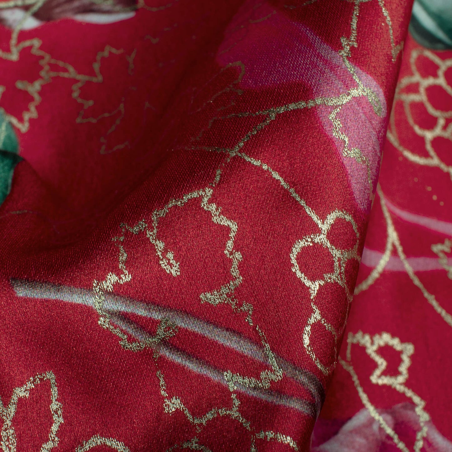 Vermilion Red And Green Leaf Pattern Foil Digital Print Japan Satin Fabric