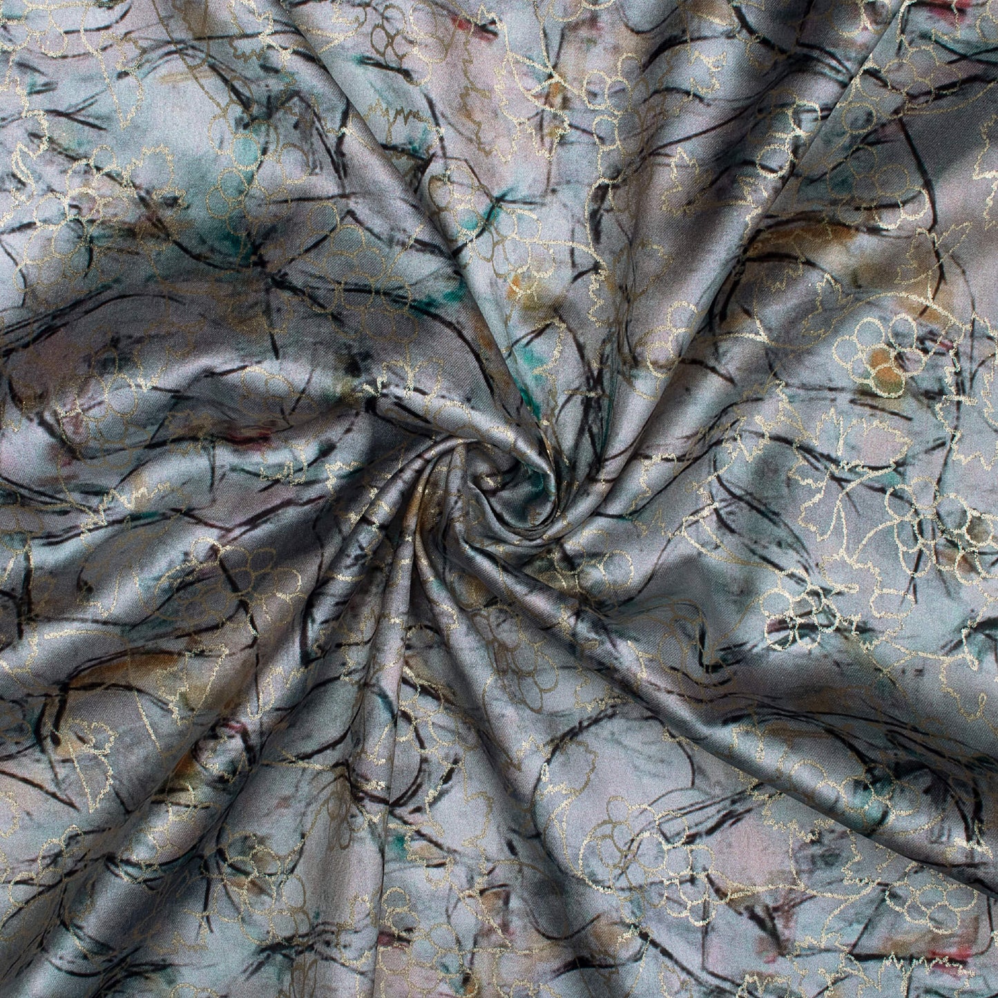 Steel Grey And Green Abstract Pattern Foil Digital Print Japan Satin Fabric